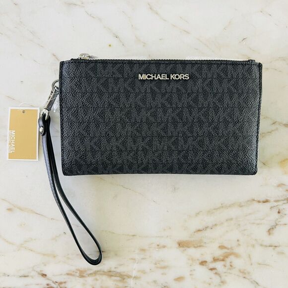 MICHAEL KORS Jet Set Travel Black Logo Print Leather Double Zip Wallet Wristlet - Picture 1 of 10